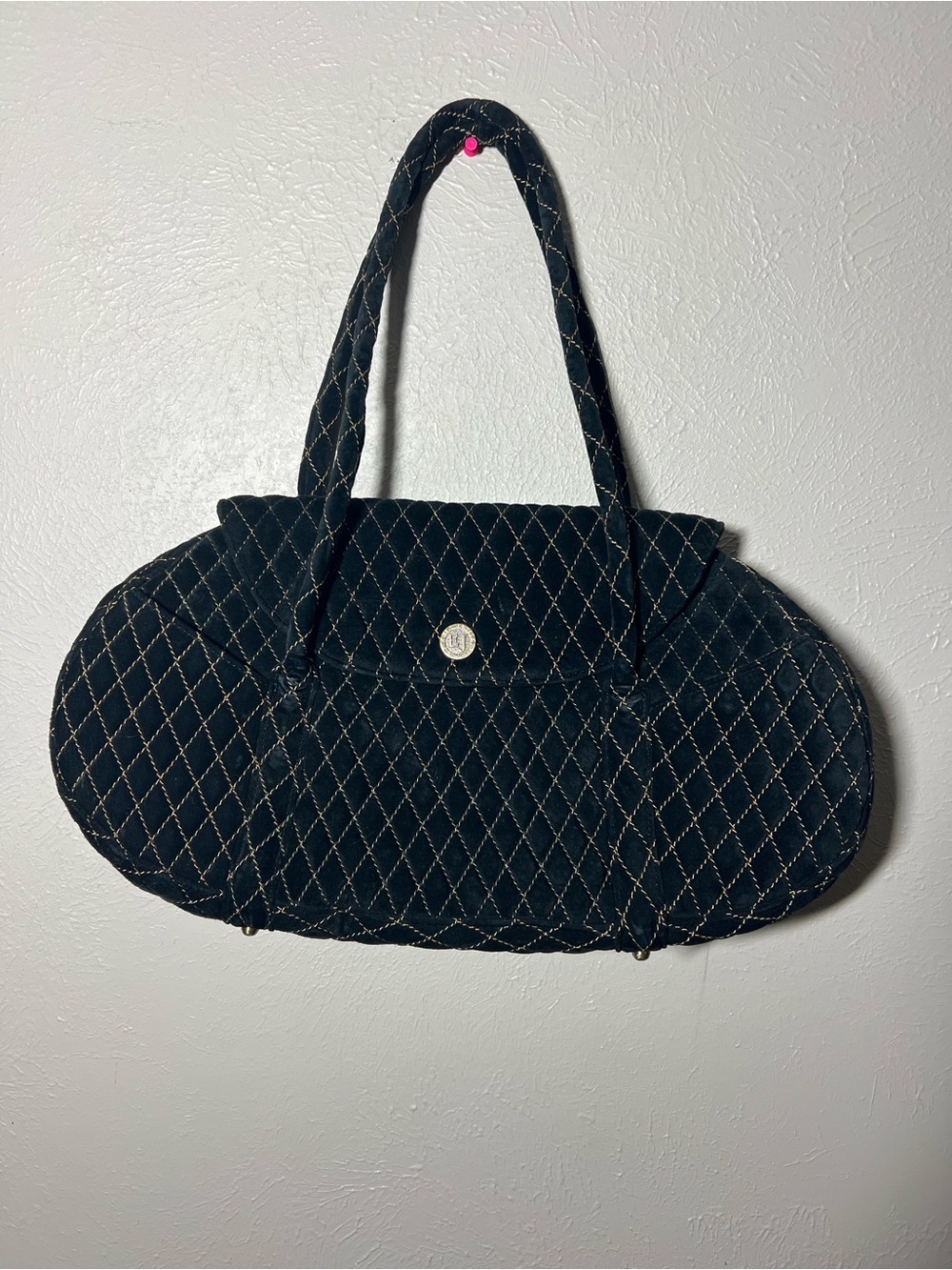Eric Javits Quilted Black Shoulder Bag with Gold Stitching